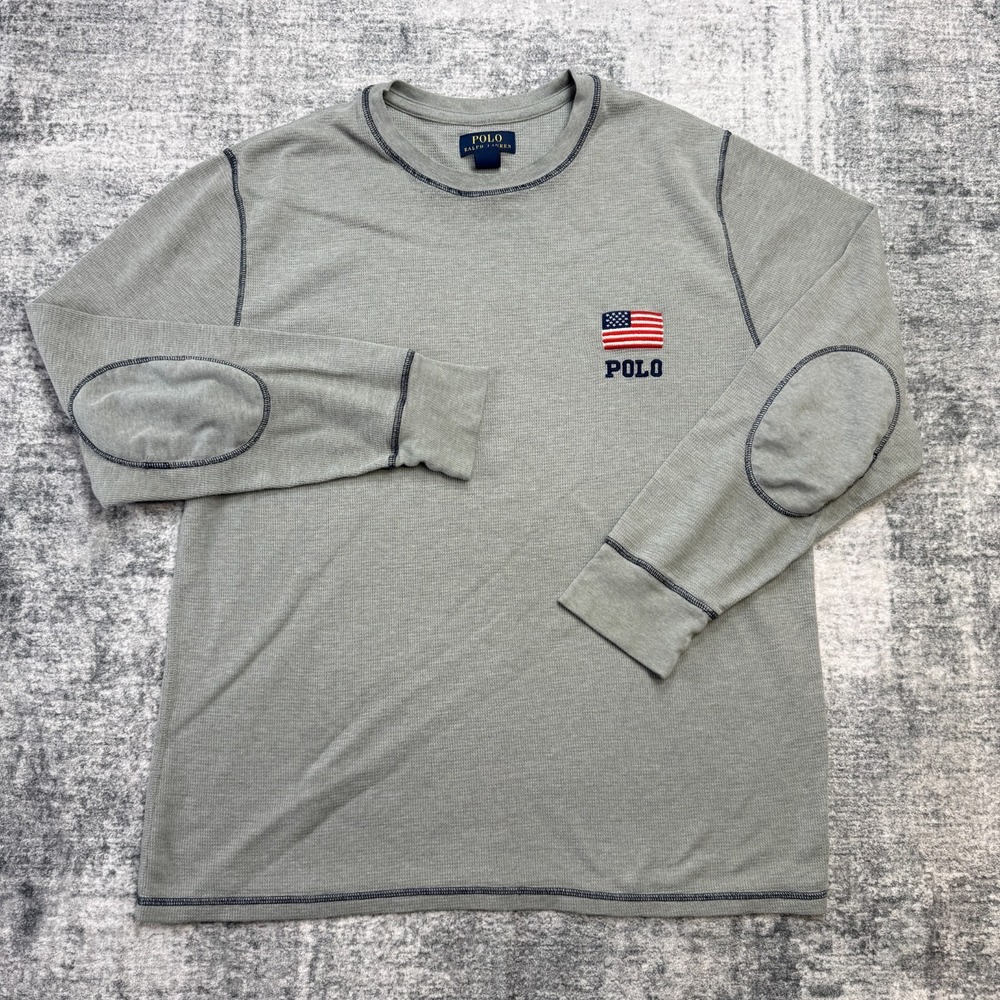 Polo Ralph Lauren Shirt Mens XL Gray Waffle Thermal USA Flag Sleepwear Lounge